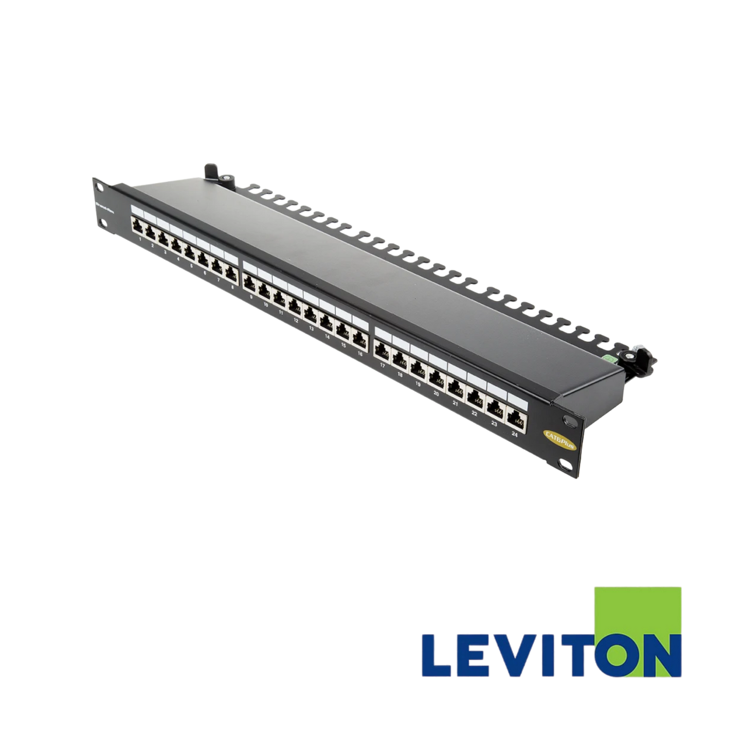Image of LEVITON Cat6Plus 24 Port 1U Screened Patch Panel | LSA IDC 568A-B Wired | Black | With Cable Management (BR-C6CPNLF240K2M)
