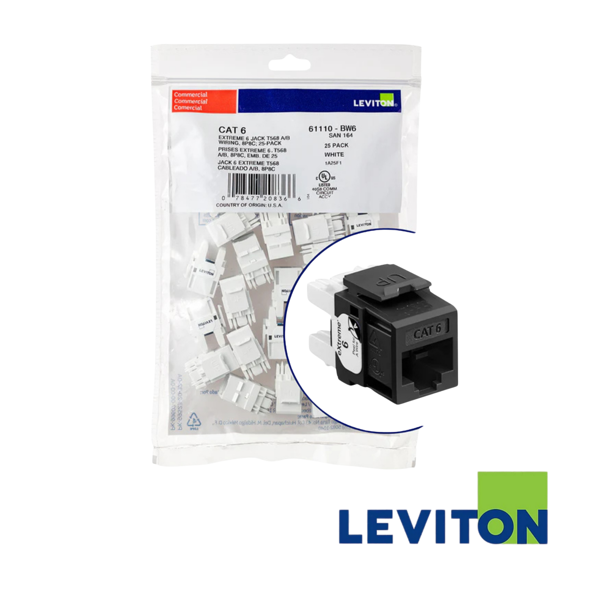 Image of LEVITON Atlas X1 Cat6A Quickport Jack | UTP | Selector (BR-6AUJK-RE6)