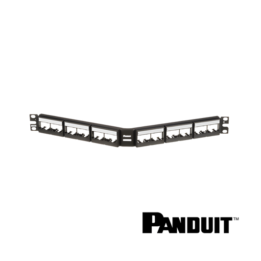 Image of PANDUIT Mini-Com® Modular 24-Port Patch Panel | Unloaded | Angled | 1RU (PT-CPPLA24WBLY)