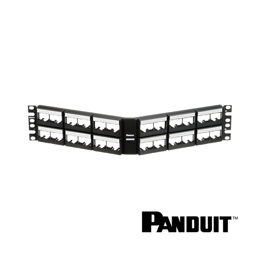 Image of PANDUIT Mini-Com® Modular 48-Port Patch Panel | Unloaded | Angled | 2RU (PT-CPPLA48WBLY)